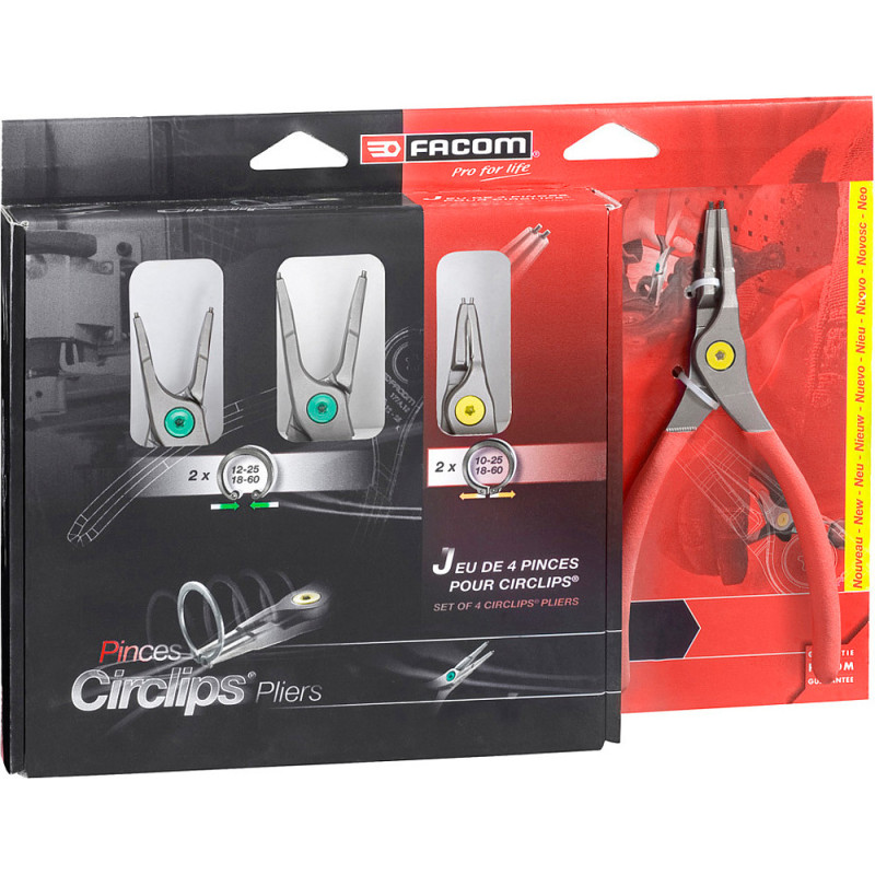 Jeu de 4 pinces circlips intérieures- extérieures. becs droits. 12 à 25mm et 18 à  60mm
