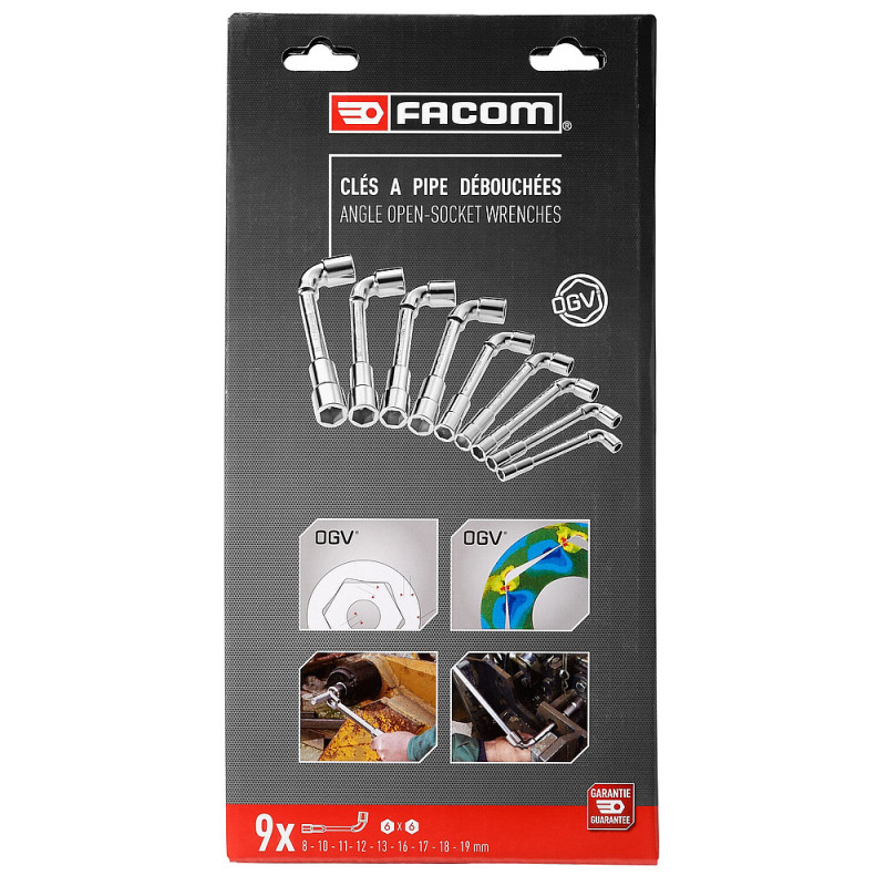 Jeu de 9 clés à pipe 8 à 19 - débouchées 6 pans métriques OGV® - FACOM 75.J9PB