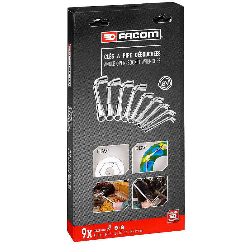 Jeu de 9 clés à pipe 8 à 19 - débouchées 6 pans métriques OGV® - FACOM 75.J9PB