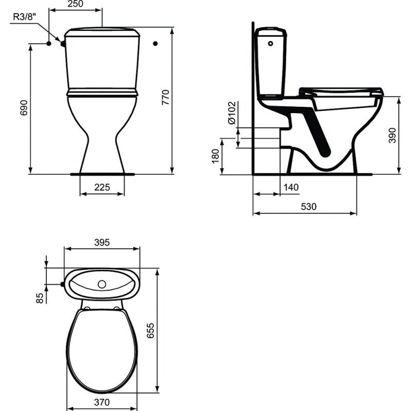 Pack WC sur pied NF 65.5 x 39.5 cm Noe blanc. en porcelaine vitrifiée