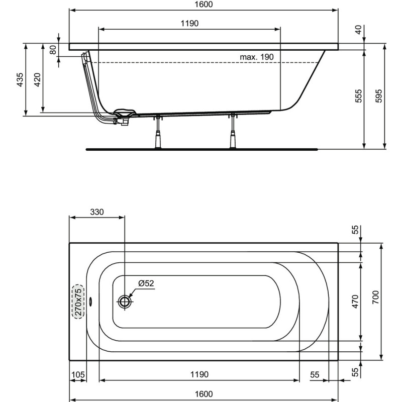 Baignoire rectangle 160 x 70 cm ULYSSE blanc - P004501