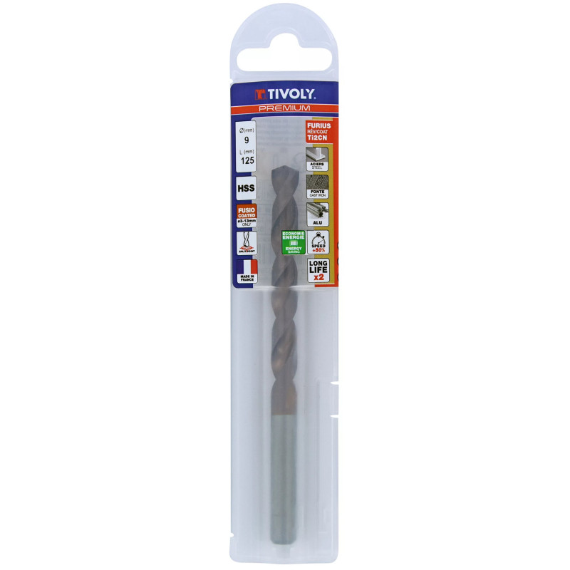 Foret métaux HSS FURIUS Ø 9 mm - taillé meulé HSS revêtu FUSIO  - Ø 9 mm L 125 mm - TIVOLY 11454140900