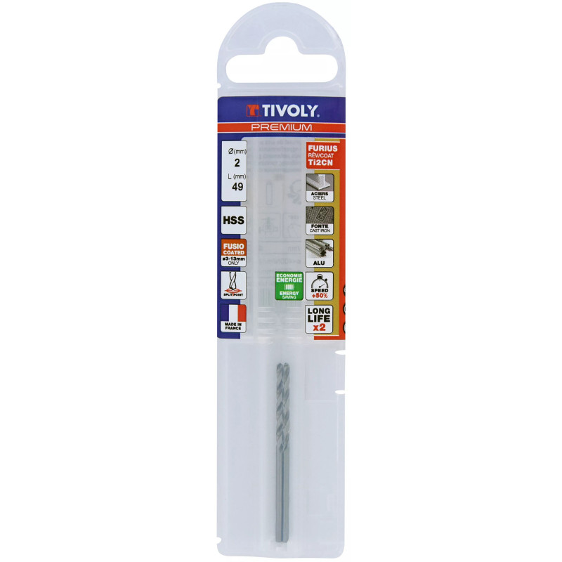 Foret métaux HSS FURIUS Ø 2 mm (Lot de 2) - taillé meulé HSS revêtu FUSIO  - Ø 2 mm L 49 mm - TIVOLY 11454140200
