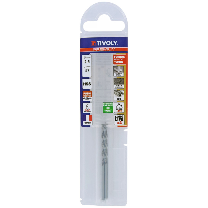 Foret métaux HSS FURIUS Ø 2.5 mm (Lot de 2) -  taillé meulé HSS revêtu FUSIO  - Ø 2.5 mm L.40 mm - TIVOLY 11454140250