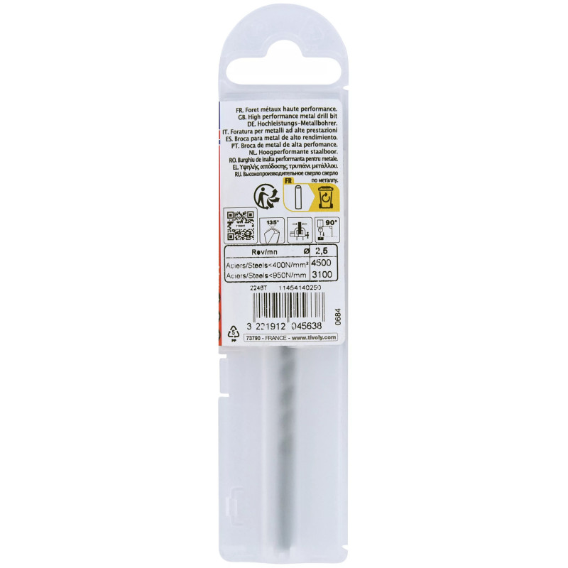 Foret métaux HSS FURIUS Ø 2.5 mm (Lot de 2) -  taillé meulé HSS revêtu FUSIO  - Ø 2.5 mm L.40 mm - TIVOLY 11454140250