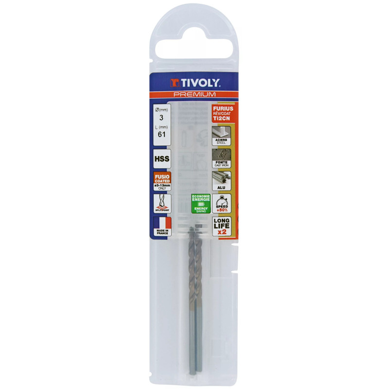 Foret métaux HSS FURIUS Ø 3 mm (Lot de 2) - taillé meulé HSS revêtu FUSIO - Ø 3 mm L 61 mm - TIVOLY 11454140300