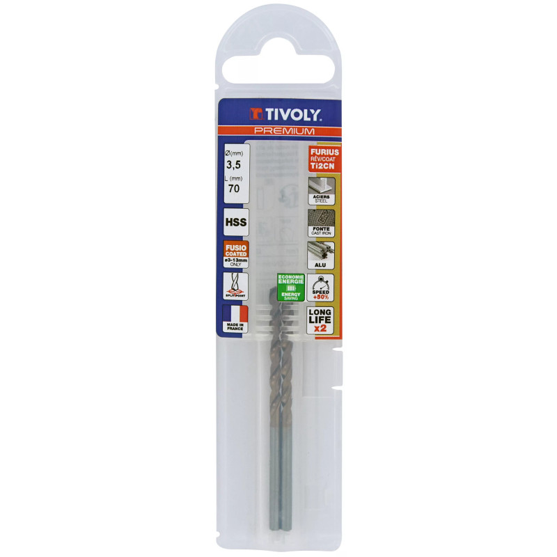 Foret métaux HSS FURIUS Ø 3.5 mm (Lot de 2) - taillé meulé HSS revêtu FUSIO - Ø 3.5 mm L.70 mm - TIVOLY 11454140350