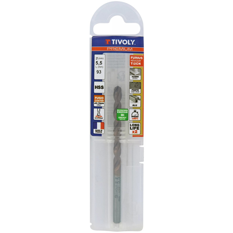 Foret métaux HSS FURIUS Ø 5.5 mm - taillé meulé HSS revêtu FUSIO  - Ø 5.5 mm L.93 mm - TIVOLY 11454140550