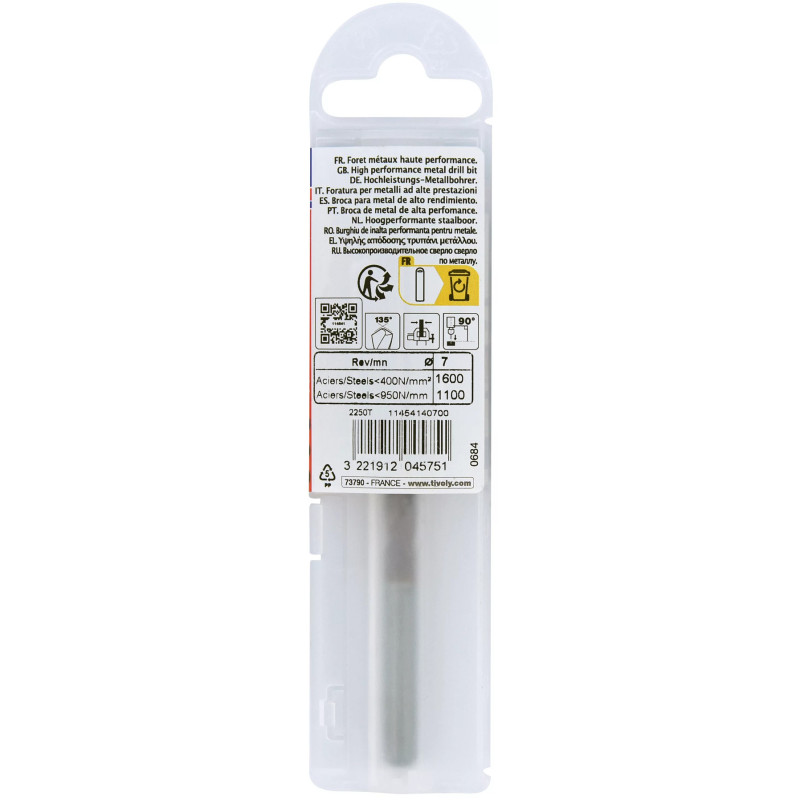 Foret métaux HSS FURIUS Ø 7 mm - taillé meulé HSS revêtu FUSIO  - Ø 7 mm L 109 mm - TIVOLY 11454140700