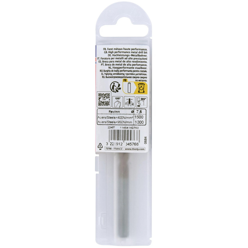 Foret métaux HSS FURIUS Ø 7.5 mm - taillé meulé HSS revêtu FUSIO  - Ø 7.5 mm L 109 mm - TIVOLY 11454140750