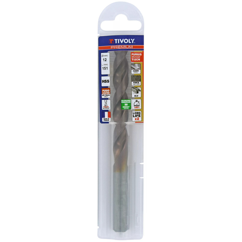 Foret métaux HSS FURIUS Ø 12 mm - taillé meulé HSS revêtu FUSIO - Ø 12 mm L 151 mm - TIVOLY 11454141200