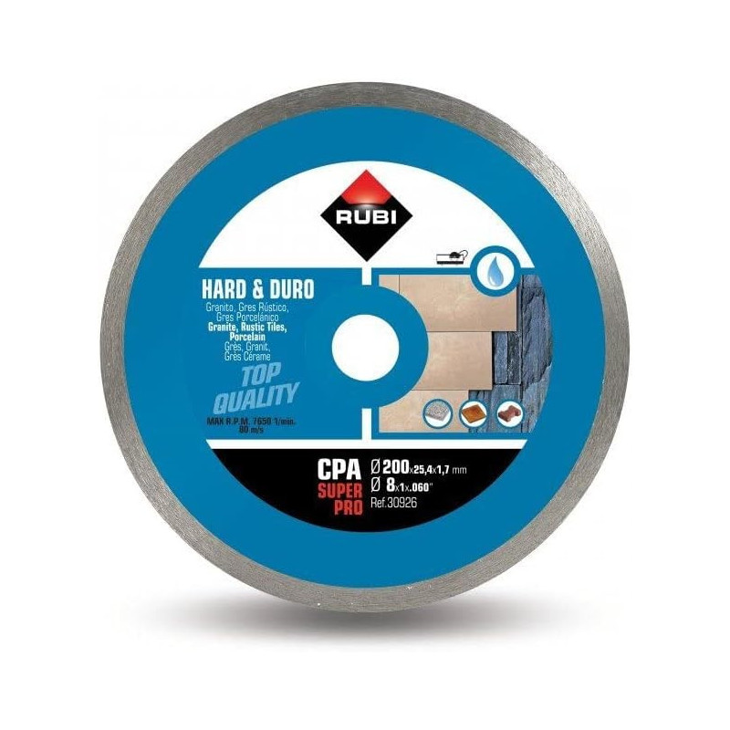 Disque diamanté à jante continue CPA 200mm coupe à l'eau pour matériaux durs - RUBI 30926