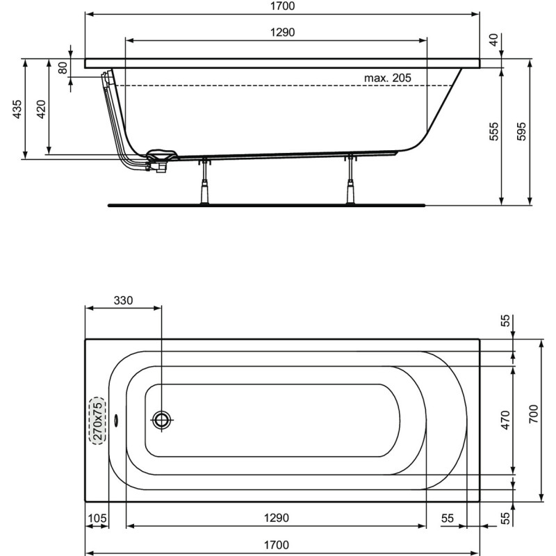 Baignoire rectangle 170 x 70 cm ULYSSE blanc - P004601