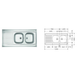 Evier inox à poser 120x60 cm. 2 cuves 1 égouttoir. réversible. vidage manuel - 10372